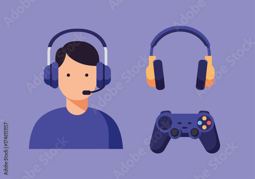 A cartoon illustration showing a gamer with headphones, a separate headset, and a game controller.