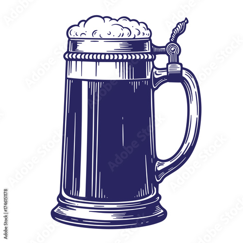 Detailed vintage illustration of a full stein of dark beer with foamy head