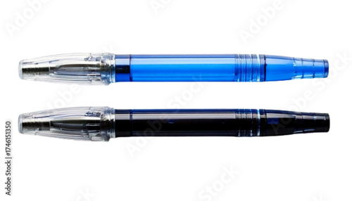 Pair of clear barrel gel pens with silver details, isolated on transparent background.