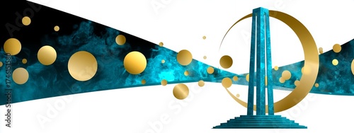 Abstract Teal Blue And Gold Geometric Design With Circular Elements And Vertical Structure