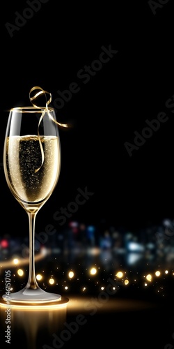 Elegant Champagne Flute With Golden Ribbons and City Lights at Night