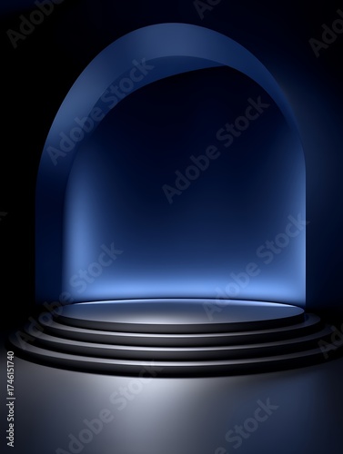 Empty Circular Stage With Steps And Blue Spotlight In Dark Archway