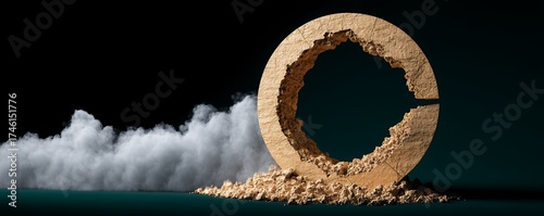 Golden Circular Ring Structure Emerging From Clouds With Dramatic Lighting and Dark Background