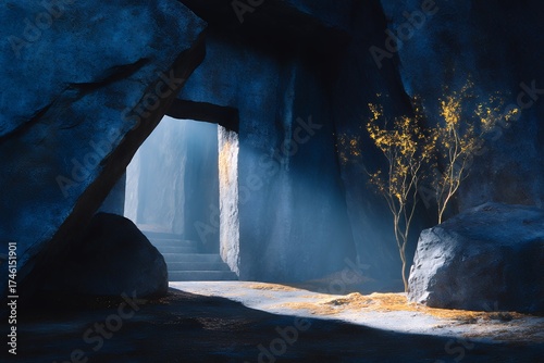 Mysterious Cave Entrance With Glowing Golden Orbs and Sunbeams Illuminating Rocky Passage