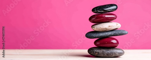 Stack Of Colorful Polished Stones On Wooden Surface Against Pink Background