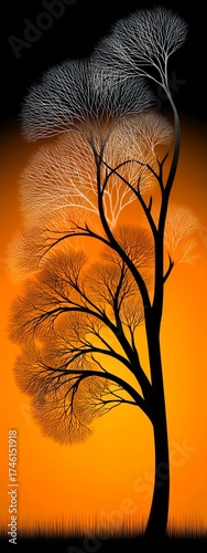 Silhouette of a Bare Tree Against a Vibrant Orange and Black Gradient Sky with White Speckled Foliage