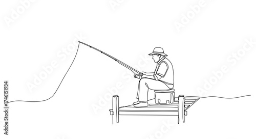 Elder fishing on wooden dock in linear black and white style