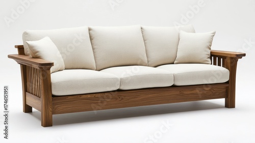 Modern Wooden Sofa with Cream Cushions Isolated