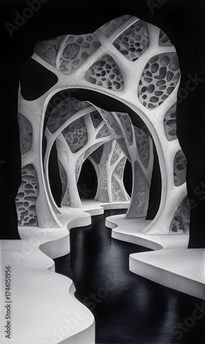 Surreal Organic Archway Cavern With Reflecting Dark Water Stream And Intricate Textured Walls