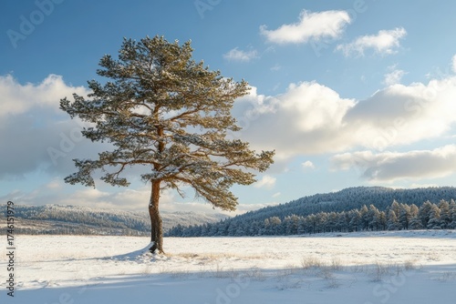 Lone Pine Tree in Snowy Winter Landscape
