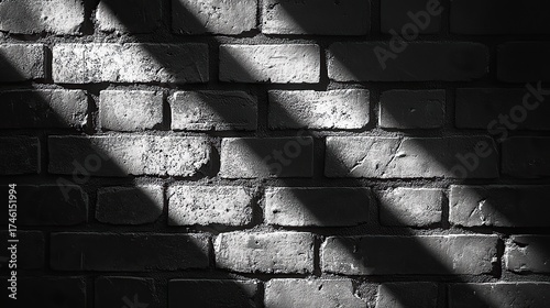 A grayscale photograph of an aged brick wall with stark shadows from natural light