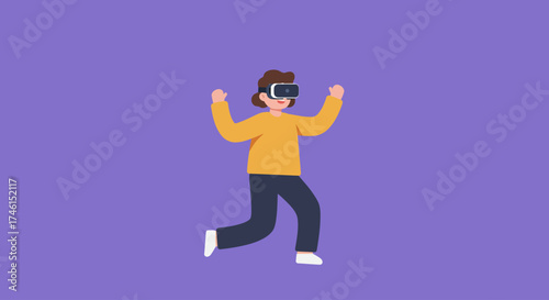 Cartoon illustration of a person wearing a VR headset, with arms raised in excitement, against a solid purple background.