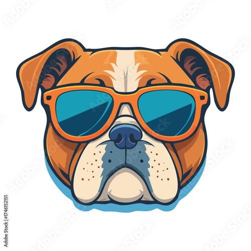 A bulldog face wearing sunglass. Describe calm, cool, cute and relaxed character of an animal or dog. Cartoon vector element for T shirt, prints, sticker, etc