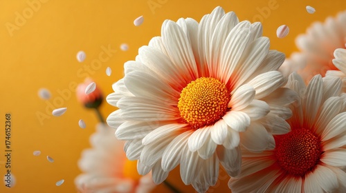 Sunny White Daisies with Delicate Floating Petals on a Vibrant Orange Background