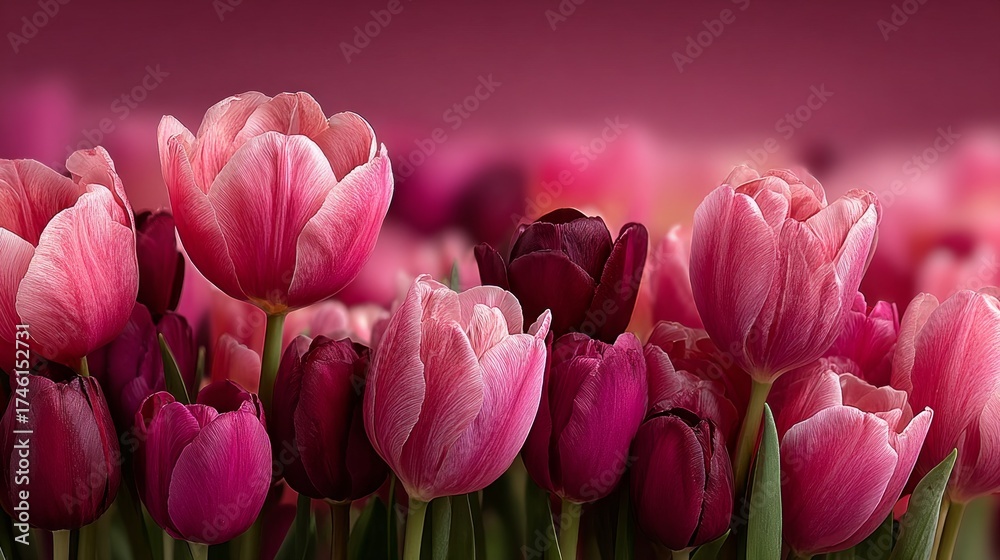 Fototapeta premium Vibrant Pink and Magenta Tulips in Full Bloom Against a Soft Blurred Background