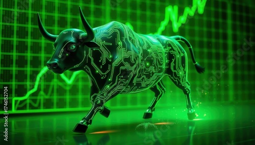 Futuristic digital bull sculpture charging forward on a bright green stock market chart background