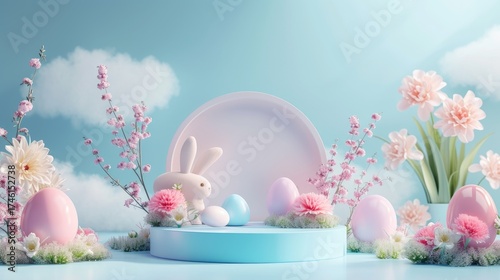 Cute bunny, eggs, and flowers arranged on a light blue platform against a soft blue background.