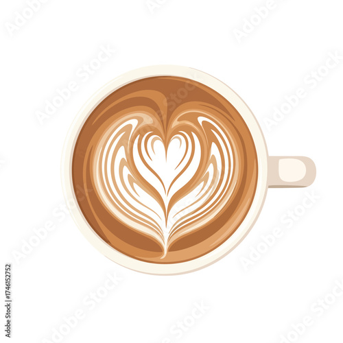 Top view of latte art in heart shape coffee in a cup, drink illustration