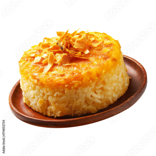 Pastel de Choclo baked corn casserole with crispy top, placed on wooden bowl isolated on white transparent background, concept of South American Cuisine
