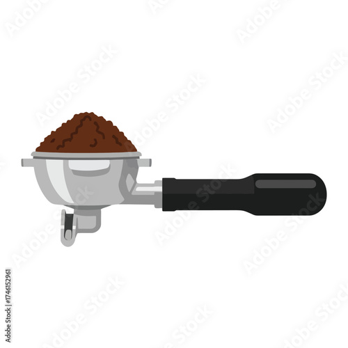 Freshly ground espresso coffee in a portafilter ready to brew barista style