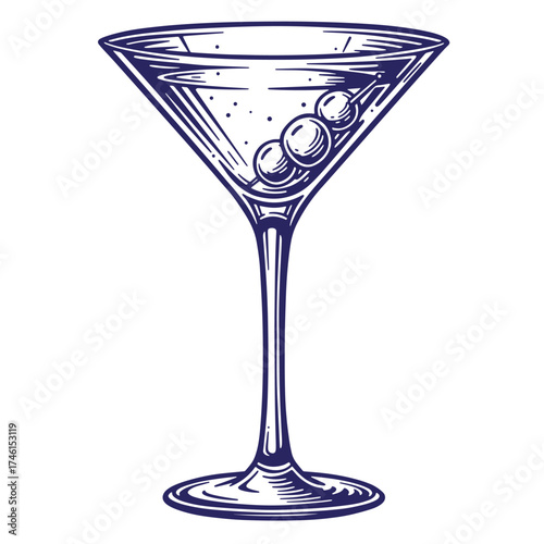Elegant vintage martini glass illustration with olives in a hand drawn engraving style