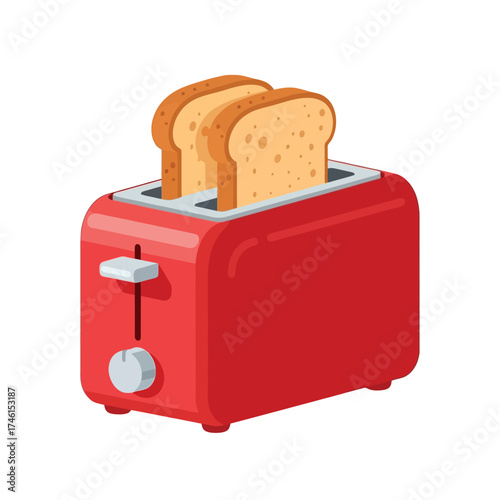 Crispy golden toast popping out of a bright red modern kitchen toaster