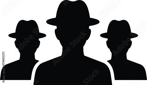 Black Silhouette of Three Men Wearing Fedora Hats, Vector Graphic Icon Symbolizing Secret Agents, Detectives, Gangsters, Privacy, Confidentiality, and Anonymous Group.