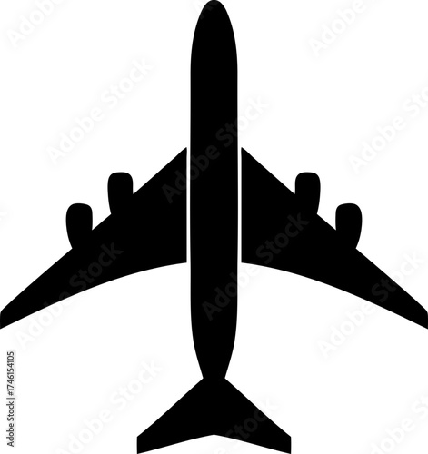 A top down view of a black airplane with four engines and a tail fin on a white/transparent background image plane