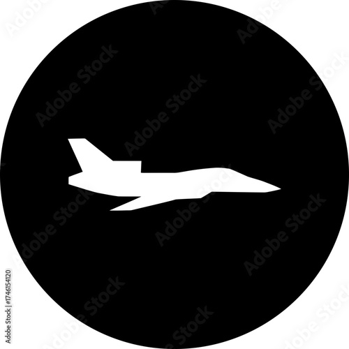 Silhouette of a white/transparent fighter jet flying in a black circle against a plain background in simple style