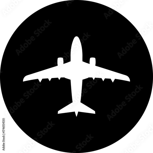 Airplane silhouette centered inside a black circle icon with symmetrical wings and tail design view