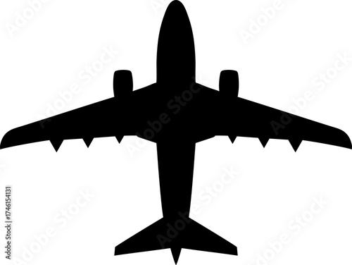 Silhouette of an airplane with wings and tail fins viewed from above in a top down perspective style view