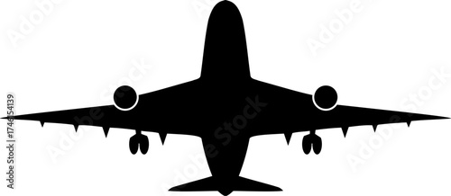 Silhouette depiction of a jet plane with wings, tail, and landing gear viewed from directly above in black