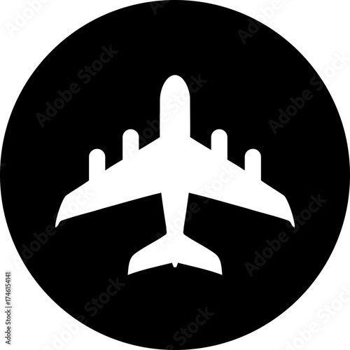 White/transparent airplane with four engines and wings in a black circle simple design vector illustration