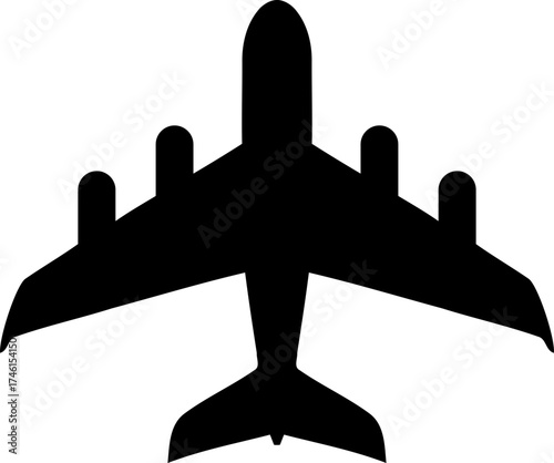 A silhouette of a large airplane with multiple engines and wings viewed from directly above in black