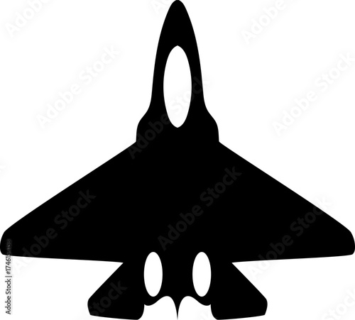 Silhouette of a fighter jet with swept wings and vertical stabilizer in black design view from above