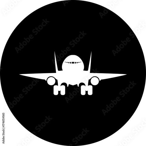 An airplane landing gear down in front view inside a black circle with white/transparent airplane design vector
