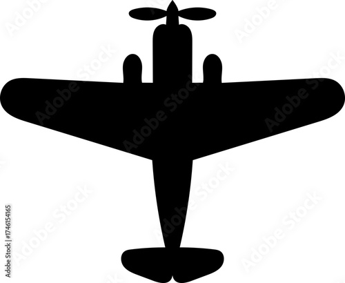 Silhouette of a biplane with propeller and wings viewed from above in a simple black design