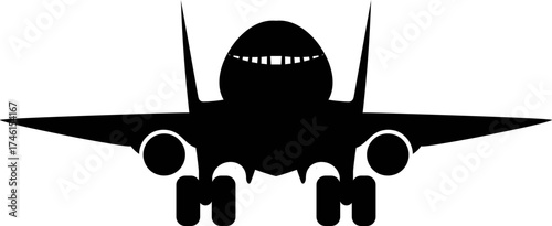 Silhouette of a fighter jet with landing gear down and a smiling face on the front of the plane