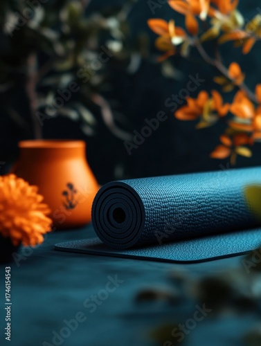 Rolled teal yoga mat amidst autumnal decor.