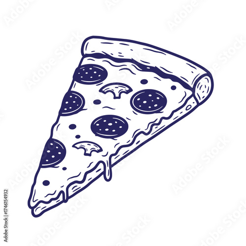 Hand drawn vintage pizza slice illustration with pepperoni and mushroom toppings
