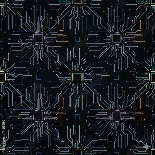 Intricate circuit board design showcasing technological innovation and digital connectivity.