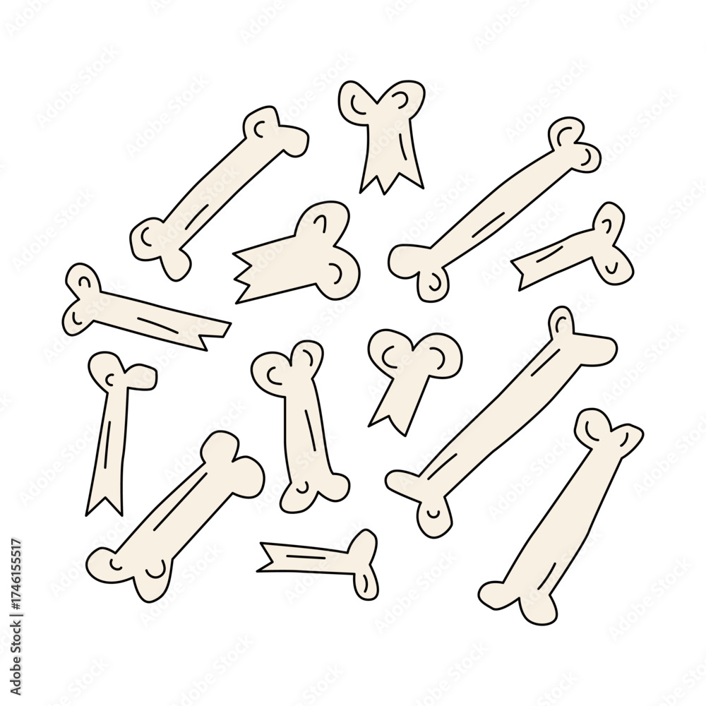 Naklejka premium Scattering of bones isolated on white background. Vector illustration for event decor, packaging design, greeting cards and stickers. Holiday design elements.