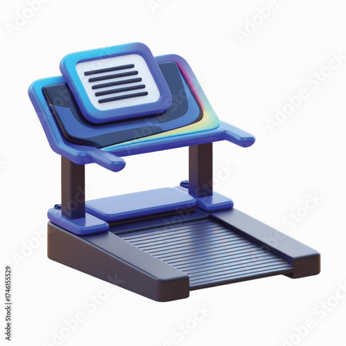 A stylized 3D illustration of a modern, futuristic blue treadmill on a clean white background.