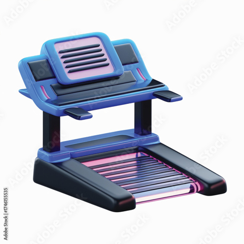 A futuristic blue and black treadmill with a digital screen and pink neon lights, isolated on a white background.