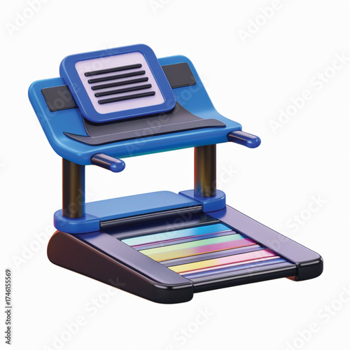 A futuristic blue and black treadmill with a digital display and colorful lights on the base.