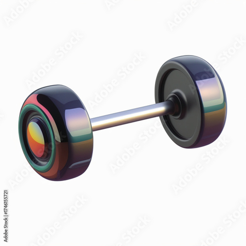 A 3D rendering of a dumbbell with a metallic bar and colorful weights.