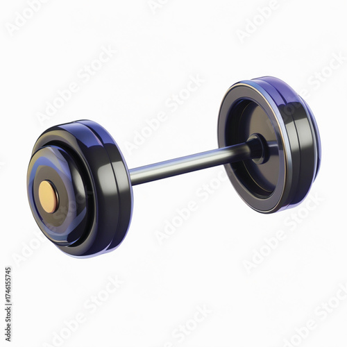 A realistic 3D render of a single dumbbell with black weights and a gold accent on a white background.