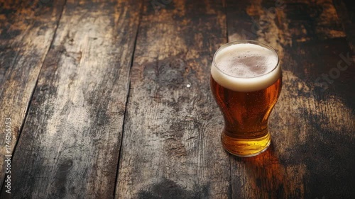 Glass of frothy beer on rustic wooden table, showcasing its golden amber color