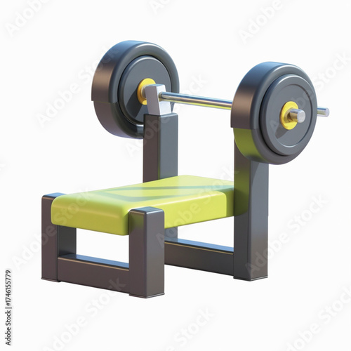 A 3D illustration of a weight bench with a barbell and weights, isolated on a white background.