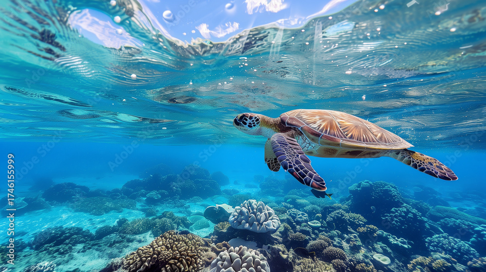 Fototapeta premium turtle swimming around colorful coral reef formations in the wild